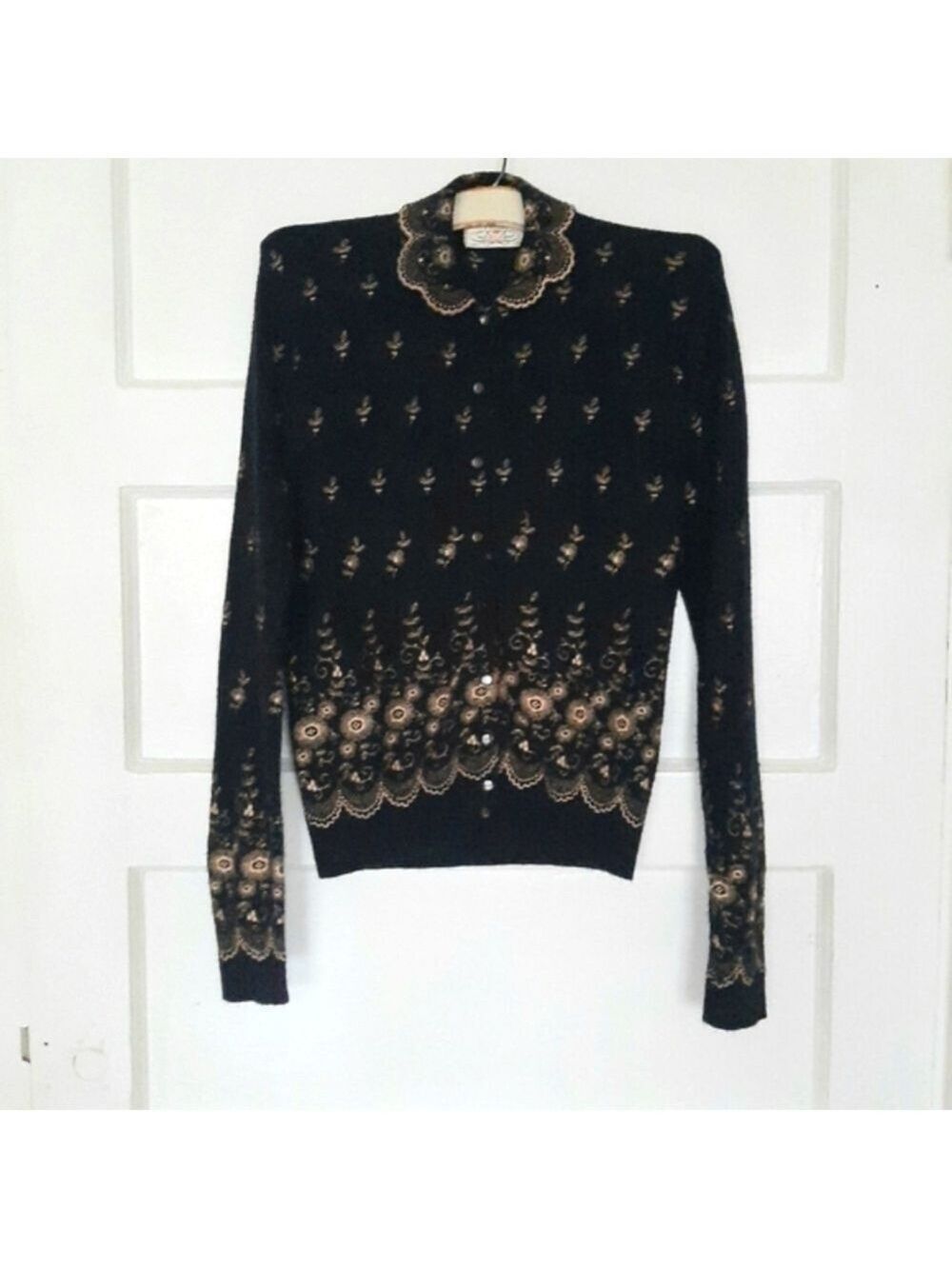 Vintage 50s Boepple Orlon Gold Floral Embroidered Peter Pan Collar Cardigan